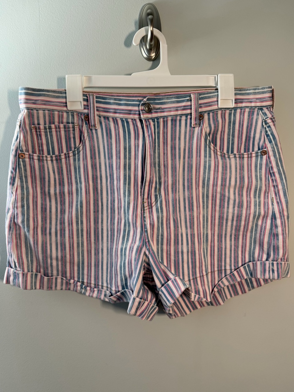 American Eagle Outfitters Pink and Blue Striped Jean Mom Shorts